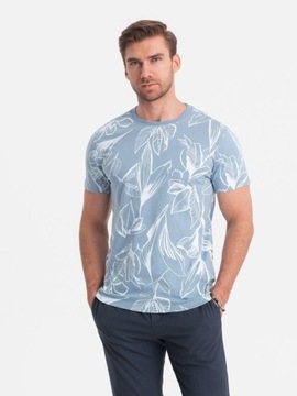 Męski t-shirt fullprint w kontrastowe liście błękitny V2 OM-TSFP-0180 M