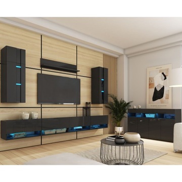 Meblościanka z komodą PREMIUM 280 cm Czarny Połysk