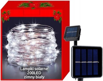 Piękne LAMPKI SOLARNE DRUCIK 200 LED BIAŁE ZIMNE