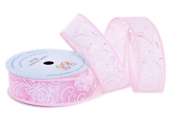 WSTĄŻKA MATERIAŁOWA RÓŻA Z BROKATEM 4cm/10m RÓŻOWA