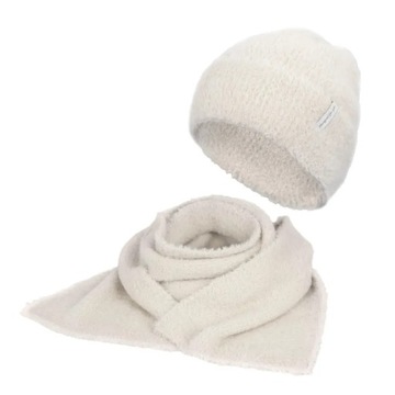 W476B Beżowy komplet zimowy damski czapka i szalik