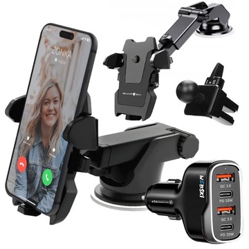 UCHWYT Z PRZYSSAWKĄ DO SAMOCHODU NA TELEFON DESKĘ SZYBĘ + ŁADOWAKA 4xUSB-C