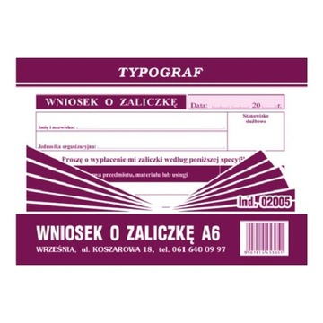 DRUK 02005 WNIOSEK O ZALICZKĘ A6 TYPOGRAF