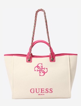 Guess duża torba plażowa beżowa z różowym z logo