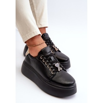 КОЖАНЫЕ КРОССОВКИ VINCEZA ЖЕНСКИЕ НА ПЛАТФОРМЕ С ДЕКОРАЦИЕЙ, ЧЕРНАЯ КОЖА R 38