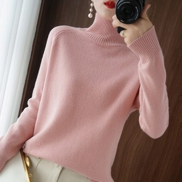 Kaszmirowy sweter z golfem damski Różowy M