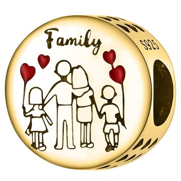 Złoty CHARMS Szczęśliwa Rodzina Family Serca Dzieci Rodzice Syn srebro 925