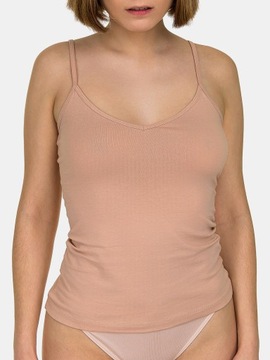 BLUZKA DAMSKA NA RAMIĄCZKACH KOSZULKA TOP GŁADKA BAWEŁNIANA BASIC BEŻOWA M