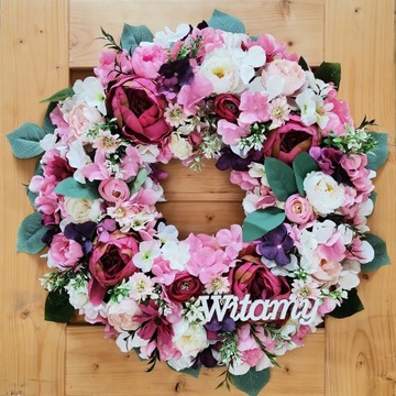 Wianek wiosenny letni ślubny powitalny na drzwi WITAMY 42cm delikatny kwiat