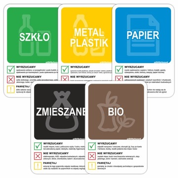 ZESTAW 5 naklejki na KOSZ segregacja śmieci 30x20