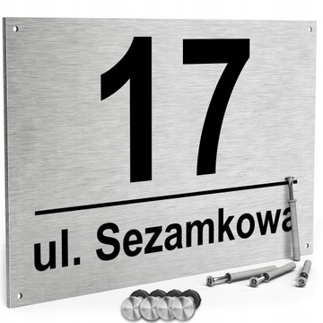 NUMER NA DOM TABLICZKA ADRESOWA Z NUMEREM DOMU 32x21 cm Srebrna + KOŁKI