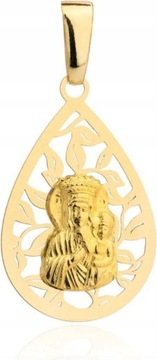 Medalik z żółtego złota 585 Matka Boska z dzieciątkiem w ażurowej łezce 14K