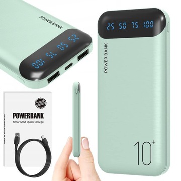 POWERBANK 10000 мАч, 2,4 А, 2 × USB/USB-C, БЫСТРО ЭФФЕКТИВНЫЙ POWER BANK, ЗЕЛЕНЫЙ СВЕТОДИОД