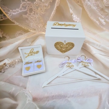 свадебный набор, коробка для конвертов, обручальные кольца, вешалки.