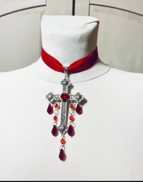 Naszyjnik gotycki rockowy goth punk victorian lista krzyż vintage czerwony