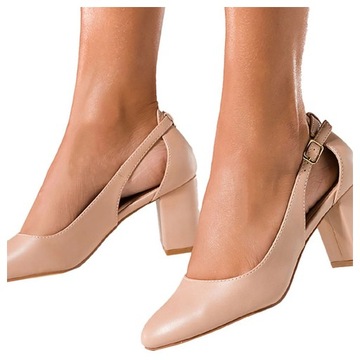 BEŻOWE CZÓŁENKA NA SŁUPKU DAMSKIE MODNE WYCIĘCIA PO BOKACH ELEGANCKIE r 39