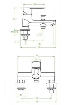 Смеситель для ванны STANDING на 2 отверстия + ДУШ 3F