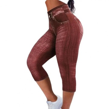 Women Cropped Pants Stretch Fitness Fake Pockets H