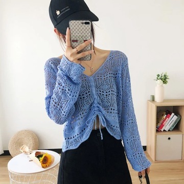 Women Loose Sweaters Sexy V Neck Hollow Out Lace U