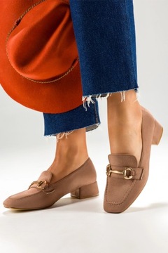 БЕЖЕВЫЕ МОКАСИНЫ НА БЛОК-КАБЛЮКЕ, ДЕКОРАТИВНАЯ ПРЯЖКА, СВЕТЛЫЕ ТУФЛИ, размер 39