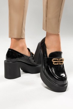 ЧЕРНЫЕ КОЖАНЫЕ ЛОФЕРЫ ТУФЛИ НА ШИРОКОМ КАБЛУКЕ МОДНЫЙ ДЕКОР размер 37