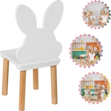 Krzesełko dla dzieci 3-7 lat, białe drewniane krzesło Królik odporne 60 cm