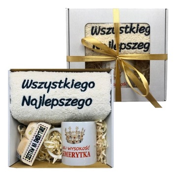 PREZENT NA EMERYTURĘ UPOMINEK ZESTAW RĘCZNIK KUBEK KOŚCI EMERYTA EMERYTKI