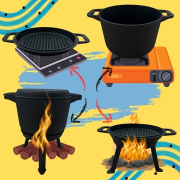 KOCIOŁEK ŻELIWNY Z PATELNIĄ GARNEK myśliwski węgierski 10L na OGNISKO GRILL