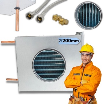 NAGRZEWNICA WODNA KANAŁOWA Ø 200 mm Rekuperacja + Łączniki + Wężyki Blacha
