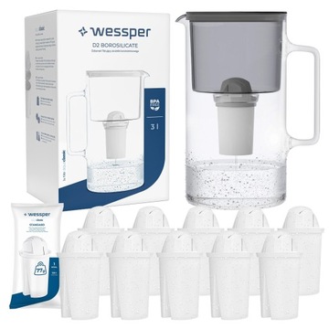 Dzbanek filtrujący szklany Wessper 3l Czarny + 11x Filtr aquaclassic 77g