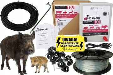 B. MOCNY PASTUCH NA DZIKI DZIKA ZESTAW ELEKTRYZATOR 10J + IZOLATORY DRUT