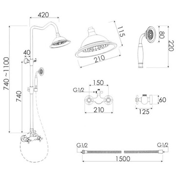 Душевой набор, панель для тропического душа в стиле ретро