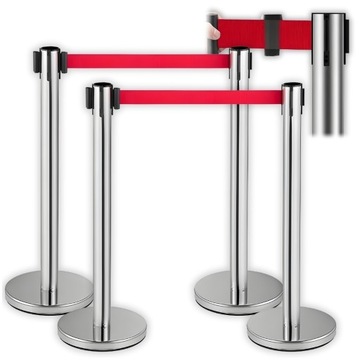ZESTAW 4 SŁUPKI ODGRADZAJĄCE HOTELOWE CZERWONA TAŚMA ZWIJANE BARIERKA 2m