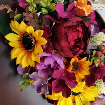 Весенне-летний венок, ПОДСОЛНУХИ, разноцветный джут на дверь, цветы СЕРДЦЕ