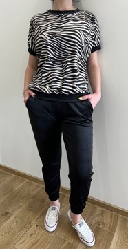 DAMSKI KOMPLET WELUROWY SPODNIE BLUZA KRÓTKI RĘKAW ZEBRA DRES S / M