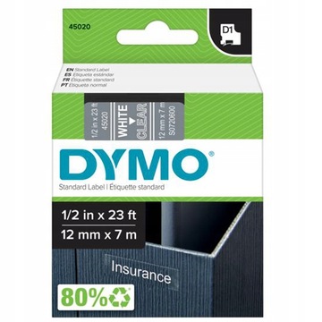 Taśma DYMO D1 45020 12mm clear/biały oryginalna