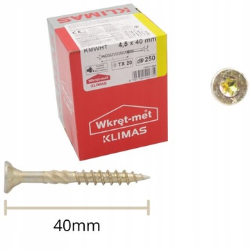 WKRĘTY CIESIELSKIE DO DREWNA KMWHT TORX ŁEB STOŻKOWY 4,5x40 TORX 250szt