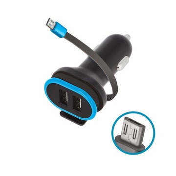 Ładowarka samochodowa 2xUSB z kablem microUSB 3A