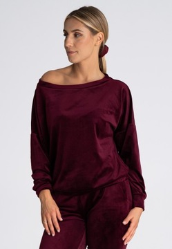 Welurowa BLUZA z dekoltem w łódkę bordowa L/XL