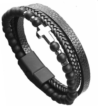 МУЖСКОЙ КОЖАНЫЙ БРАСЛЕТ С КРЕСТОВЫМИ БУСИНАМИ, СТАЛЬ 316L