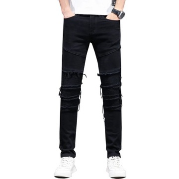 Men Black Jeans Stretch Hip Hop Pleated Slim Fit D