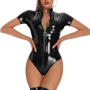 5XL Women Shiny Leather Leotard Short Sleeve Hot P