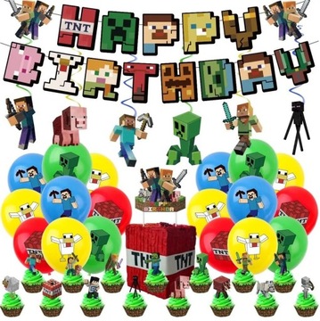 Minecraft Zestaw Urodzinowy 5-części Motyw Gry Balony Baner Topper Spirale