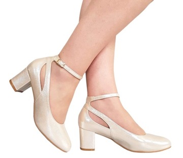 ZŁOTE PERŁOWE OZDOBNE WYCINANE BUTY CZÓŁENKA Z PASECZKIEM SŁUPEK 6 cm 39