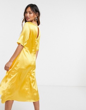 Elvi Żółta sukienka midi z ozdobnym węzłem 36