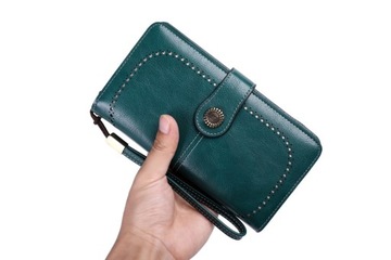 Zielony elegancki skórzany portfel damski skóra system RFID pasek na rękę