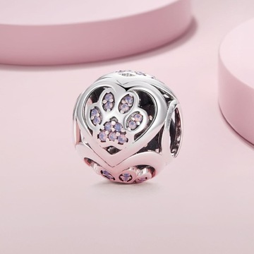 G798 Kula z łapek i serc opalizujące kryształy srebrny charms koralik beads