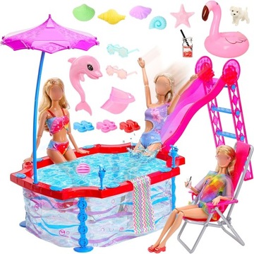 ZESTAW WAKACYJNY DLA LALKI LALEK 30cm BASEN DRABINKA PLAŻA LATO PREZENT