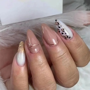 Ногти Искусственные кончики ногтей Миндальный телесный золотой Омбре Леопардовый Самоклеящиеся