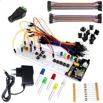 Prototypowa płytka stykowa zworki zasilacz zestaw elementów elektronicznych